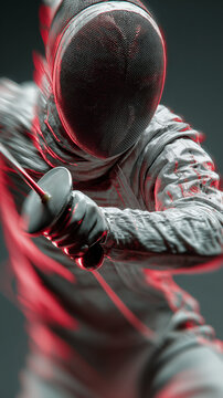 Fencer in mask performs fast &eacute;p&eacute;e lunge, emphasized by red lighting, motion dynamics, and intense competitive combat atmosphere.
