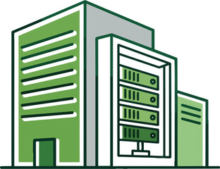 A stylized graphic shows a modern server building. It is green and white with stacked computer servers shown in the middle.