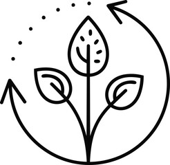 Vector icon of plant growth. A sprout with leaves is surrounded by an arrow forming a circle, showing growth and renewal.