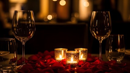Romantic dinner setup with wine glasses and candles on a bed of red roses in a dimly lit room