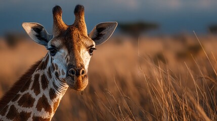 Giraffe stands among tall grass in the wild during golden hour in a natural habitat with a blurred background of trees and sky