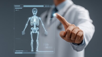 Medical Professional Interacting with Futuristic 3D Hologram Skeleton Blueprint Display in Modern Healthcare Environment