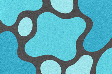 Abstract blue, turquoise and black background with amorphous shapes and spots, paper texture in flat organic design