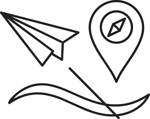 Iconic imagery conveys travel and destination. It contains a paper airplane, a map pin containing a compass, and a swoosh representing flight