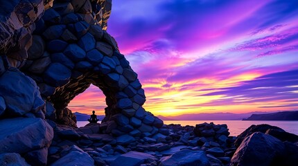 Scenic sunset view through rock arch on coastal shoreline  