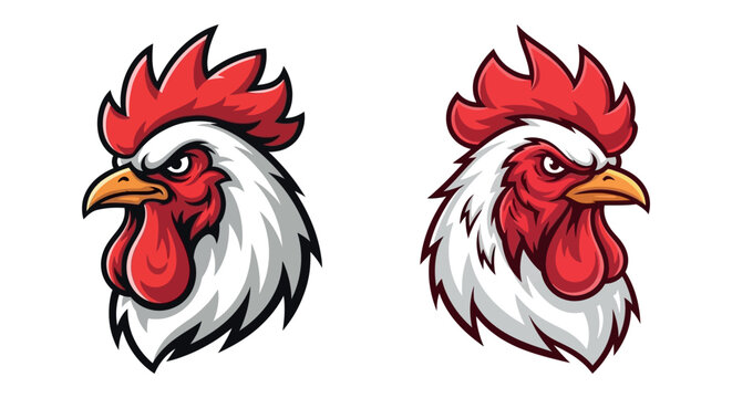 Two cartoon roosters facing different directions with vibrant red combs and wattles illustrated on a white background
