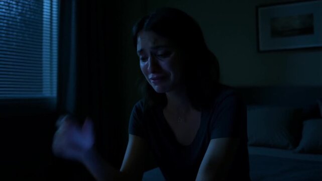 Sad woman dim bedroom night, sitting bed, softly lit cold moonlight blinds, rain streaks window, crying wiping tears, holding phone soft glow, cinematic dust particles floating, realistic emotional 4k