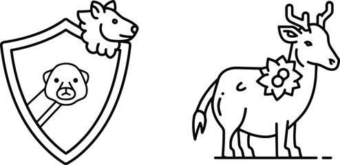 Two icons represent illustrations. One shows a shield with animal heads, and the other is a deer with a flower on its chest