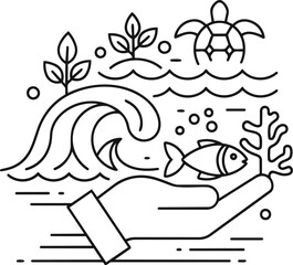 A line drawing shows a hand holding marine life, wave, and small plants. This icon may represent environmental protection