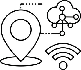 Illustration of a location pin connected to cloud computing and wifi signals
