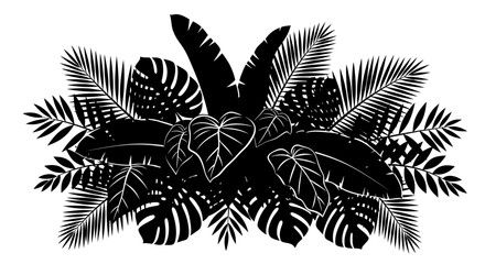 Exotic tropical foliage silhouette arrangement with banana and monstera leaves vector illustration