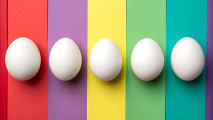 Eggs aligned against rainbow background