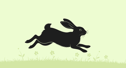 Elegant black rabbit silhouette bounding across a lush green meadow illustration