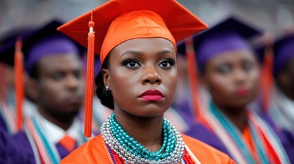 Black History Month Young Black woman graduate wearing orange cap and gown with colorful beaded jewelry looks forward