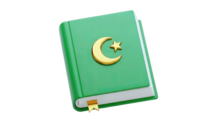 Green book with crescent moon and star symbol