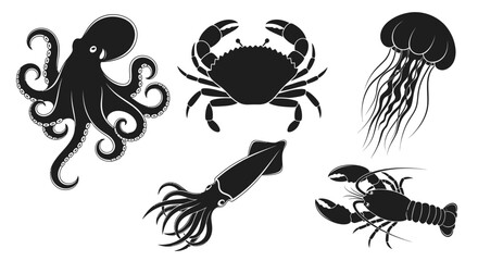 Sea Creature Silhouettes: Octopus Crab Jellyfish Squid and Lobster Illustration © Alis