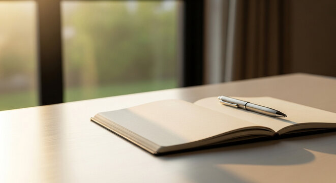 A blank open notebook and pen lay on an organized office desk alongside a business planner and school documents, creating a professional workspace for writing notes and education
