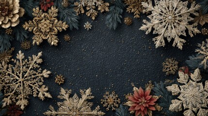 Christmas card design with snowflake border featuring a winter scene and pine branches with pinecones in a festive layout for holiday greetings