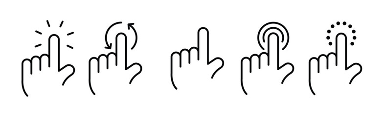 Fototapeta premium Hand cursor, pointer, mouse, click line icon set. Computer, button, progress, licking cursor, pointing hand clicks, waiting loading icons pack. Vector illustration with transparent background.