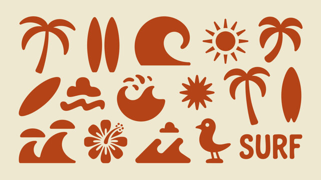 Vibrant Brown Surf Icons Set with Tropical Elements and Beach Motifs