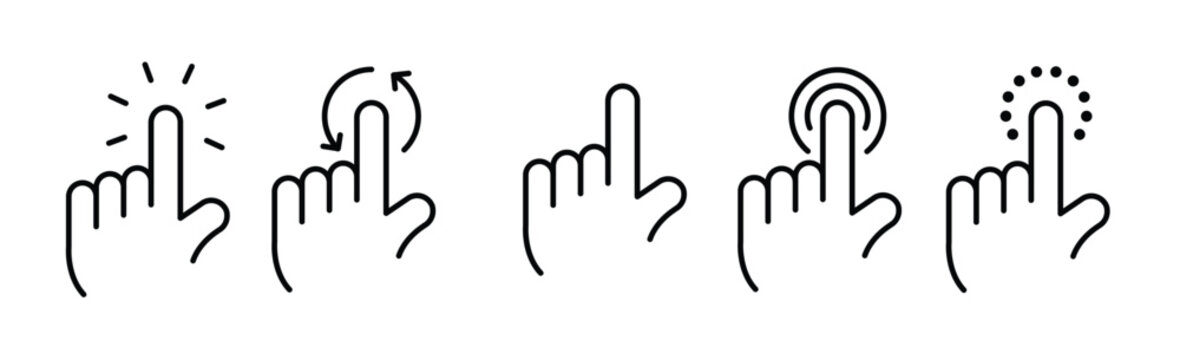 Hand cursor, pointer, mouse, click line icon set. Computer, button, progress, licking cursor, pointing hand clicks, waiting loading icons pack. Vector illustration with transparent background.