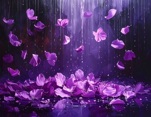 Falling vibrant purple petals in a dramatic, dark, rain-swept scene