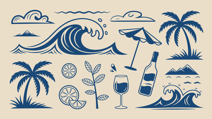 Obraz premium Tropical Beach Illustration with Waves, Palm Trees, and Cocktail