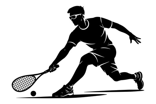 Black silhouette of squash player in dynamic action pose with racket. Clean vector illustration on white background. Perfect for sports design, athletics branding, and fitness materials.