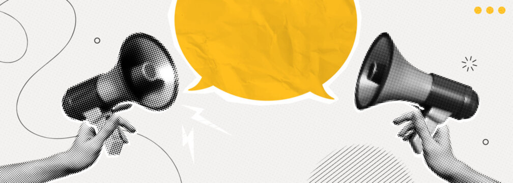 Trendy Halftone Collage Hands holding Megaphone with speech bubble message for promotion. Social media sale and marketing. Announcing news. Warning information. Contemporary vector illustration art