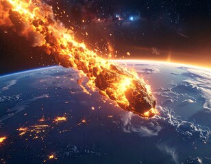 Fiery asteroid hurtling towards Earth, illuminating atmosphere