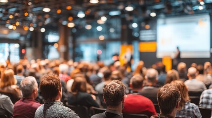 Blurred speaker presents to large audience in bright university workshop setting during scientific conference training event