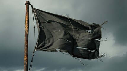A dramatic photograph of a weathered black flag waving in the wind on a rusty pole against a stormy cloudy sky