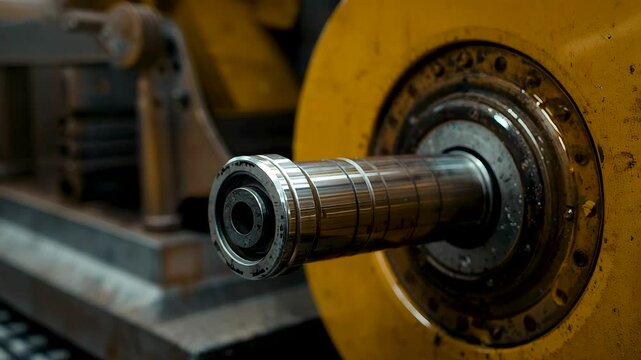Industrial rotating shaft and bearing assembly mounted on heavy machinery showing mechanical precision metal engineering and factory maintenance work
