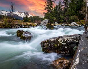 Flowing river against mountains and a colorful sky