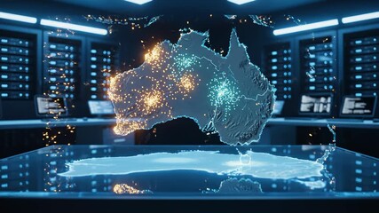 Illuminated Map of Australia on Digital Table in Server Room