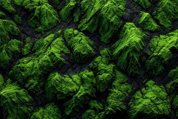 Verdant moss covers rough, dark terrain