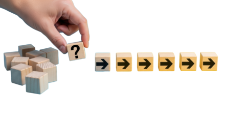 Male hand lifting question mark block, contrasting scattered blocks on blue with an arrow path on yellow. Top-down, shadowless studio lighting. Concept of strategic thought