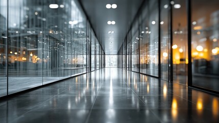 Blurred office interior with modern lights and glass walls in a busy building during the day hours