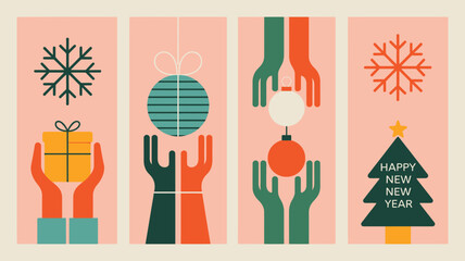 Festive Holiday Hands Holding Gifts, Ornaments, and New Year Tree © DesignHub
