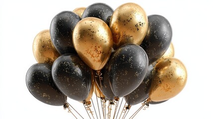 Gold and black balloons stand out against a white background in a high quality scene for celebrations or events