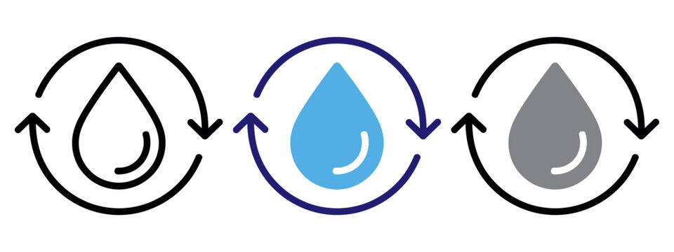Water drop icon with circular arrows illustrating recycle and sustainability concepts