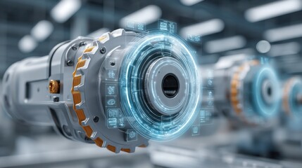 Close-Up of Modern Machinery with Glowing Circuits and Digital Overlays in a Technologically Advanced Environment