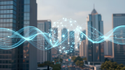 A futuristic cityscape featuring digital networks and connections, symbolizing technology and innovation in an urban setting.