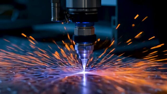 High precision laser cutting metal with bright sparks in automated factory environment showcasing advanced industrial machining process