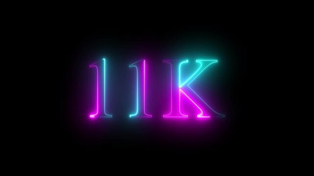 Glowing neon line 11K follower icon animation in Ultra HD and 4K quality, isolated on a black background to showcase social media growth milestones in videos.