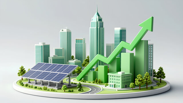 A vibrant cityscape with skyscrapers, a solar panel installation, and a rising green arrow symbolizing growth and sustainability. - Powered by Adobe