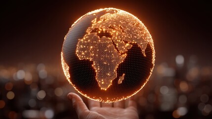 Illuminated Digital Globe with Warm Orange Lights Showing Africa, Against a Dark Background for Modern Tech and Travel Themes