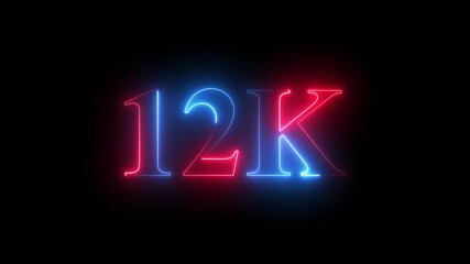 Glowing neon line 12K follower icon animation in Ultra HD 4K quality, isolated on a deep black background to highlight social media growth milestones in video projects.
