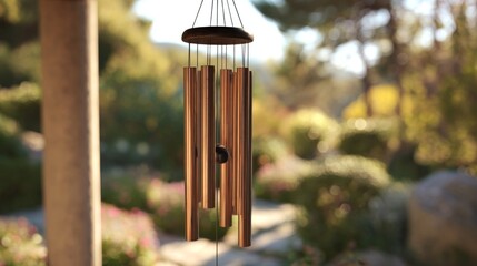 Bronze wind chimes creating a gentle melodic sound in a soft focus garden setting