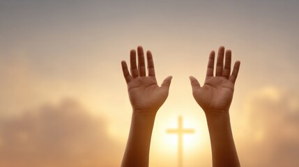 Obraz premium Raised Hands in Prayer Against a Blurred Cross at a Warm Sunset